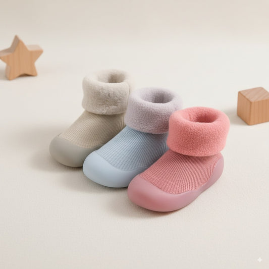 Tre varianti BabyLab BabyHug invernali: panna, azzurro ghiaccio e rosa, vista dall’alto.