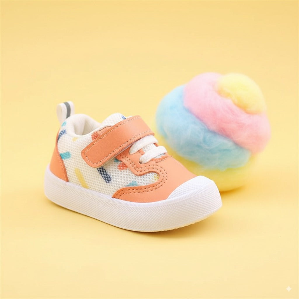 Scarpine BabtLab BubbleGum arancioni per primi passi, chiusura a velcro, tomaia mesh traspirante e suola TPE antiscivolo.