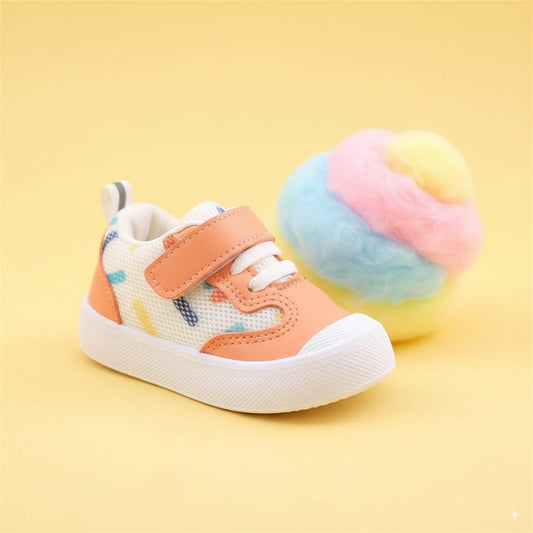 Scarpine BabtLab BubbleGum arancioni per primi passi, chiusura a velcro, tomaia mesh traspirante e suola TPE antiscivolo.