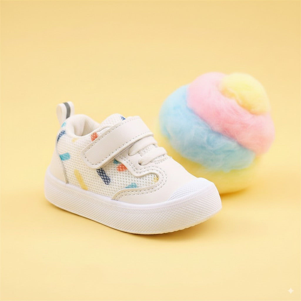 Scarpine BabyLab BubbleGum bianco panna per neonato, doppio comfort con velcro regolabile, tomaia mesh e suola antiscivolo.