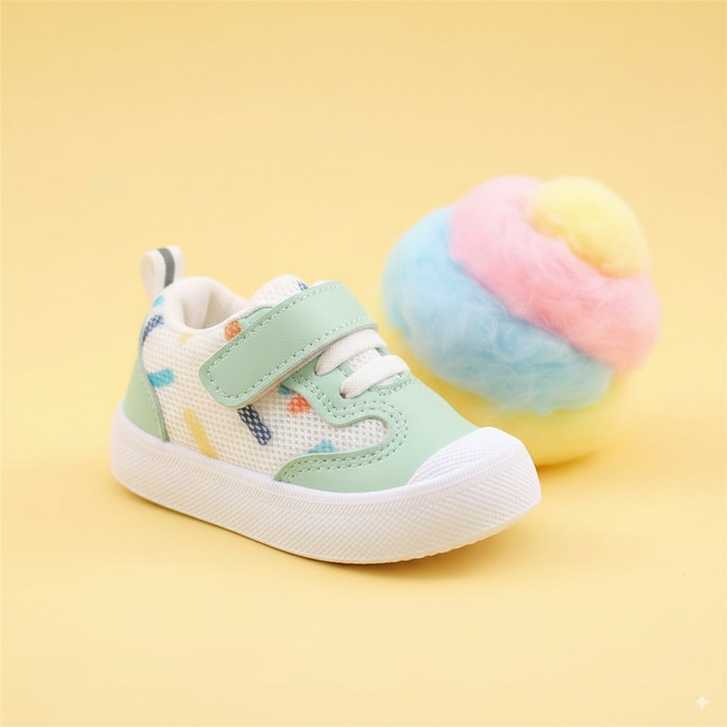 Scarpine BabyLab BubbleGum verde acqua, leggere e traspiranti con velcro e suola antiscivolo TPE per i primi passi.
