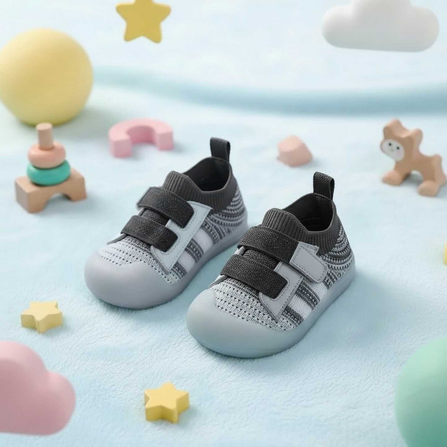 Scarpine Dream Walk grigie con doppio velcro, tomaia a calzino e suola antiscivolo TPE per i primi passi.