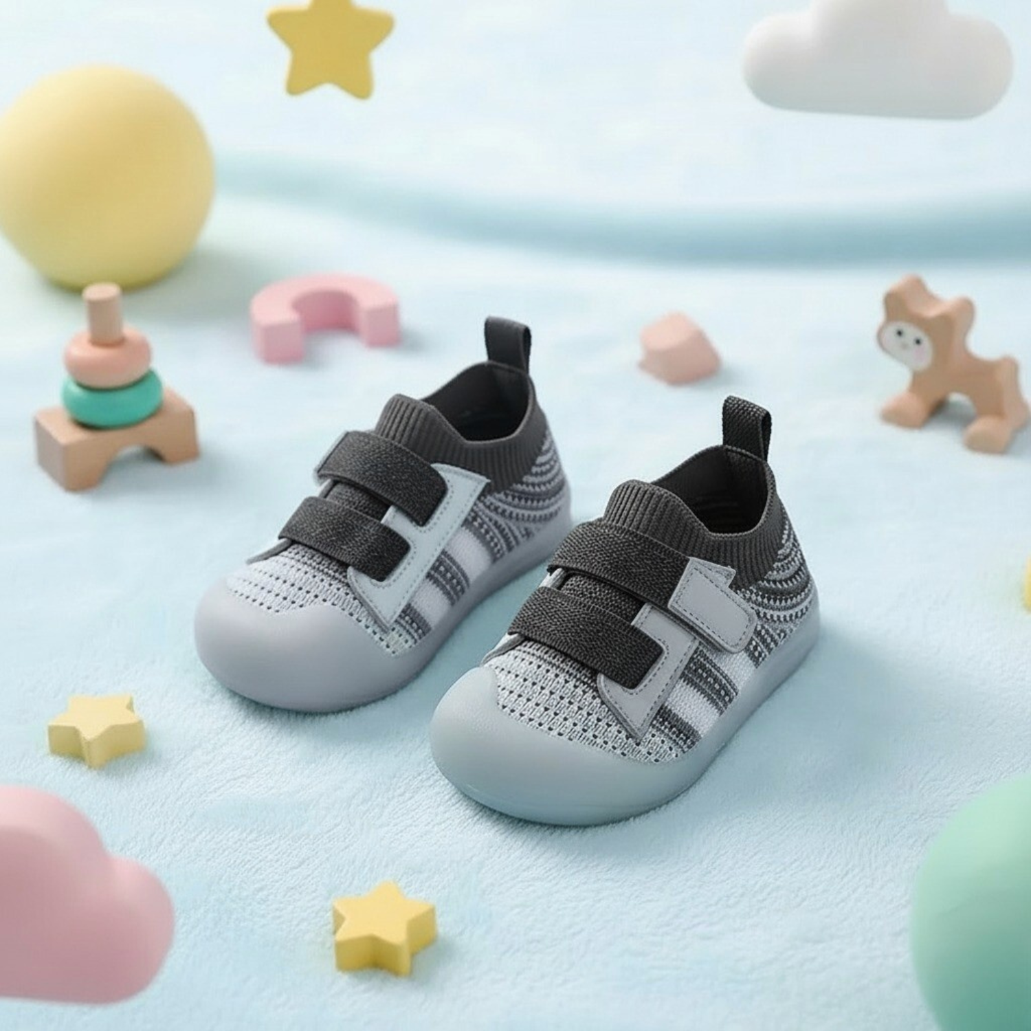 Scarpine Dream Walk grigie con doppio velcro, tomaia a calzino e suola antiscivolo TPE per i primi passi.