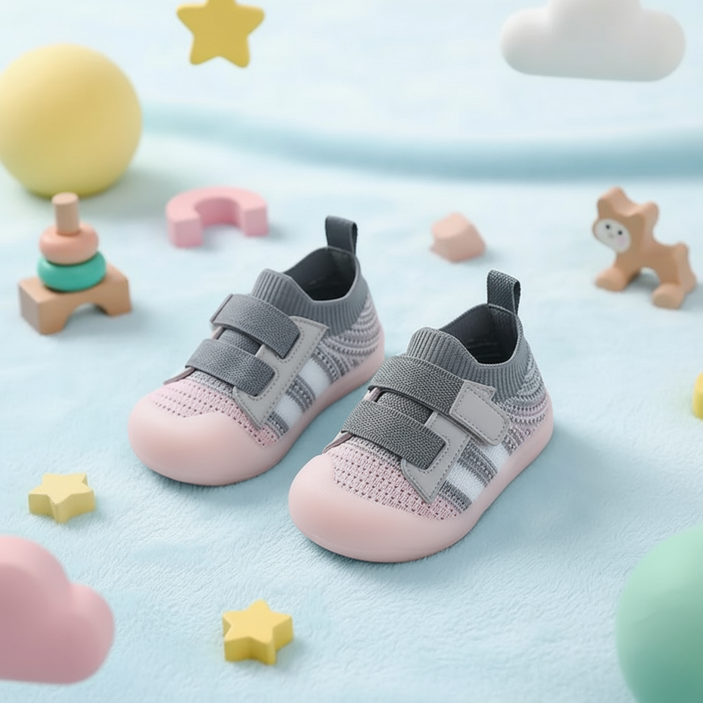 Scarpine Dream Walk rosa e grigio per primi passi, tomaia in maglia traspirante e suola antiscivolo.
