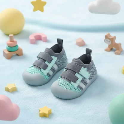 Scarpine Dream Walk verde acqua e grigio per primi passi, doppio velcro e suola antiscivolo in TPE.