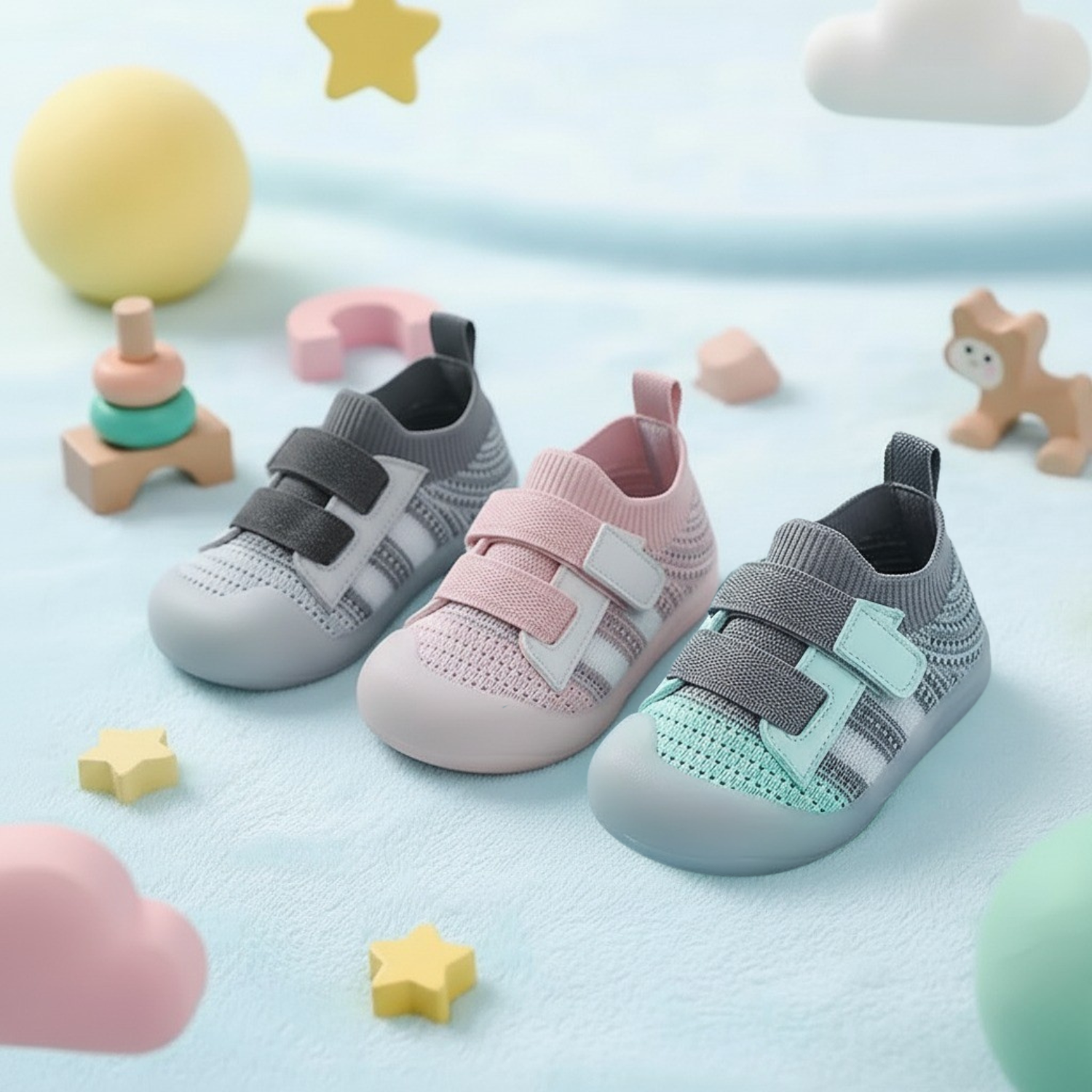 Tre varianti colore delle scarpine Dream Walk per primi passi, doppio velcro e tomaia traspirante.