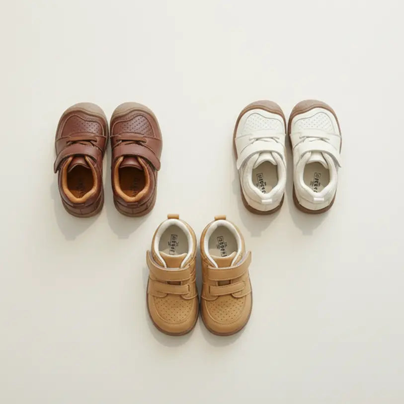 Sneakers primi passi con doppio velcro, marrone, bianco e caramello, tomaia traforata, vista dall’alto.