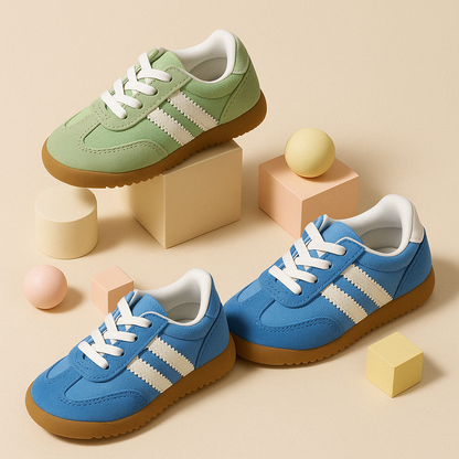 Quattro varianti colore delle scarpine Sprint: rosa, verde, celeste e rosso, vista dall’alto.