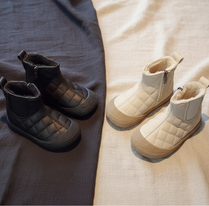 Stivaletti neonato trapuntati con zip laterale, neri e avorio, fodera morbida, ideali per l’inverno.